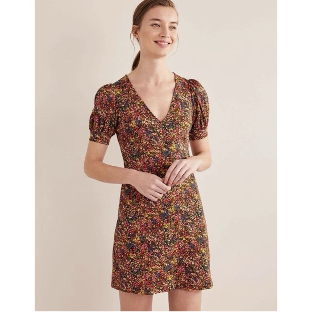 Boden Floral Jersey Mini Dress Women's Size 10 US 100% Cotton  Puff Sleeve